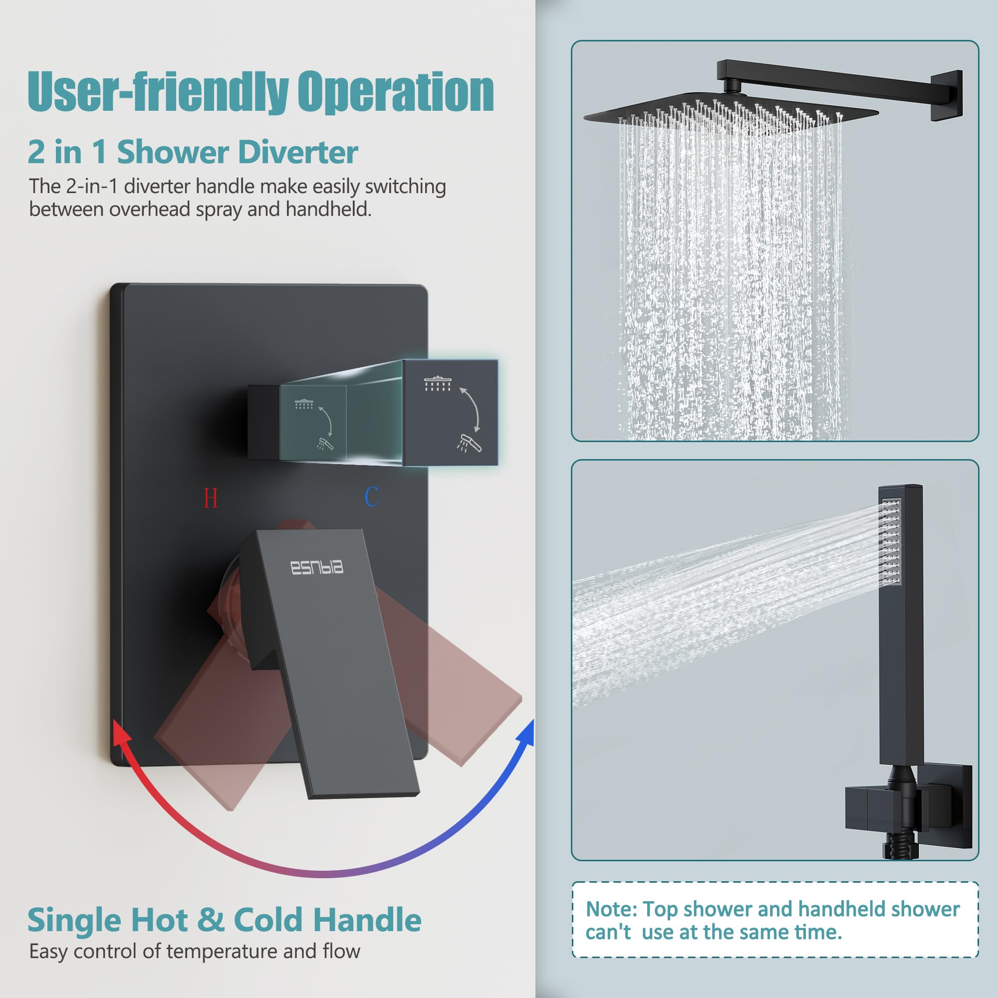 ESNBIA Matte Black Shower System - 10 Inch Rain Shower Head with Handheld Spray Combo, High Pressure Shower Faucet Set with Valve & Handle - Modern Bathroom Upgrade for Spa-Like Experience