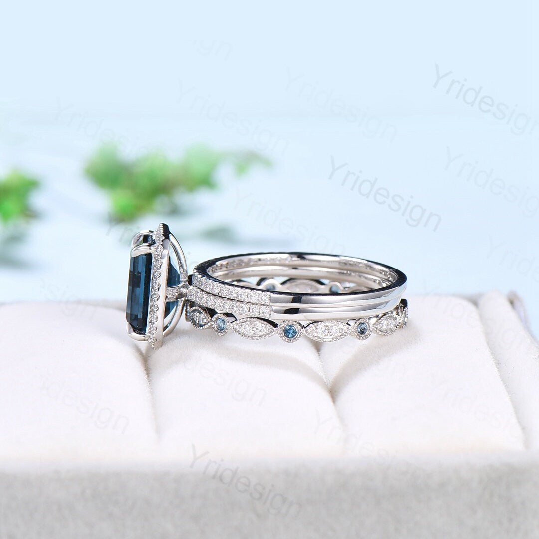 14K White Gold London Blue Topaz Emerald Cut Engagement Ring with Halo Diamonds - Art Deco Bridal Wedding Ring Set for Women, Perfect for Proposals, Anniversaries & Special Occasions