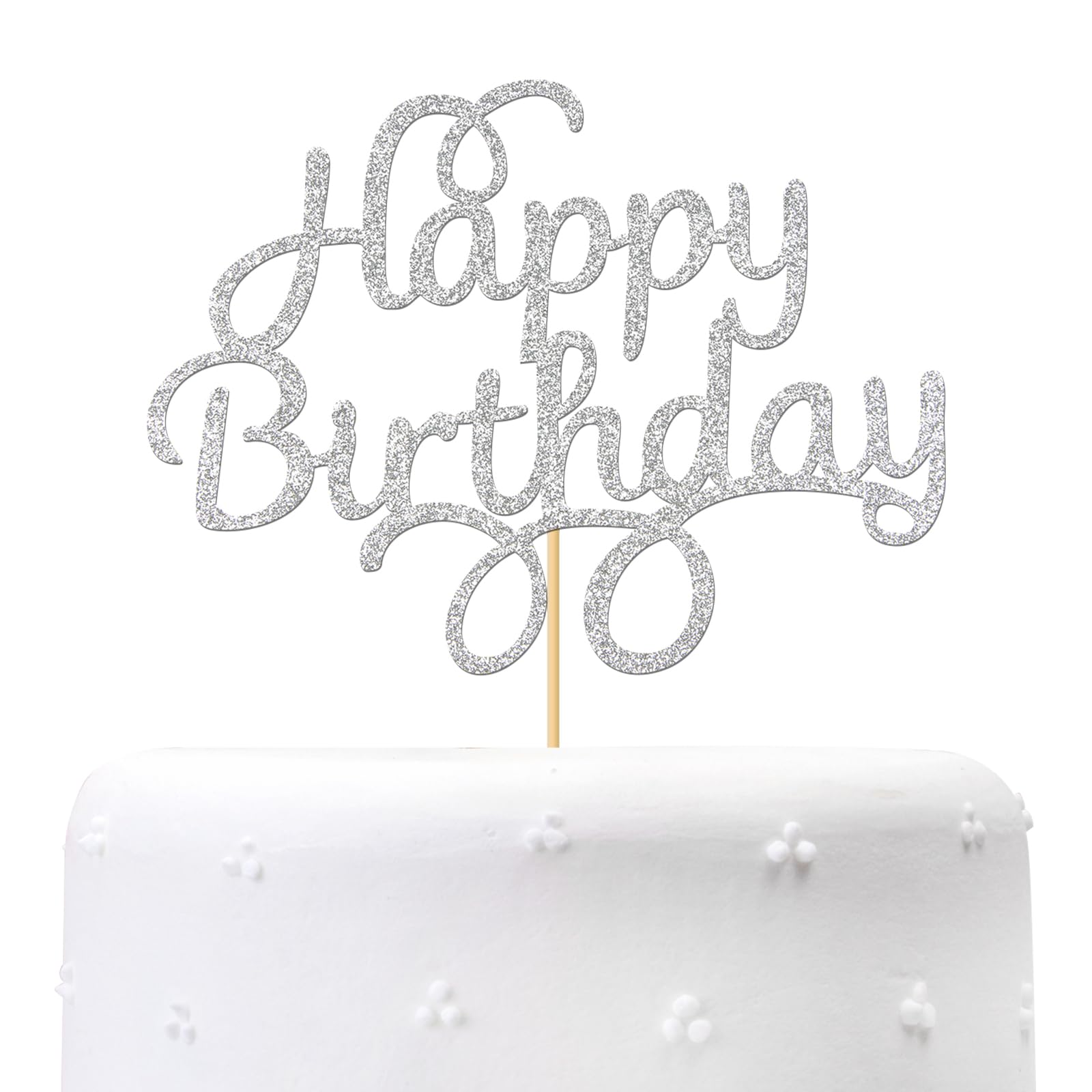 Silver Glitter Happy Birthday Cake Topper - Elegant Party Decor for Adults & Kids | Perfect for Birthday Cakes, Cupcakes & Dessert Tables