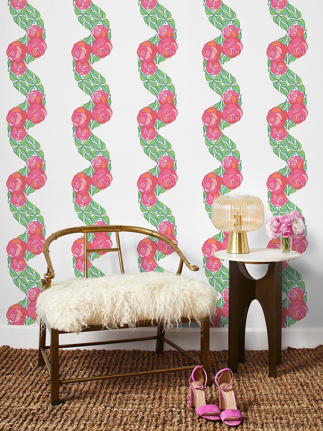 Barbie™ Berry Groovy Floral Stripe Wallpaper - Peel and Stick Removable Wallpaper for Bedroom, Nursery, Living Room Decor