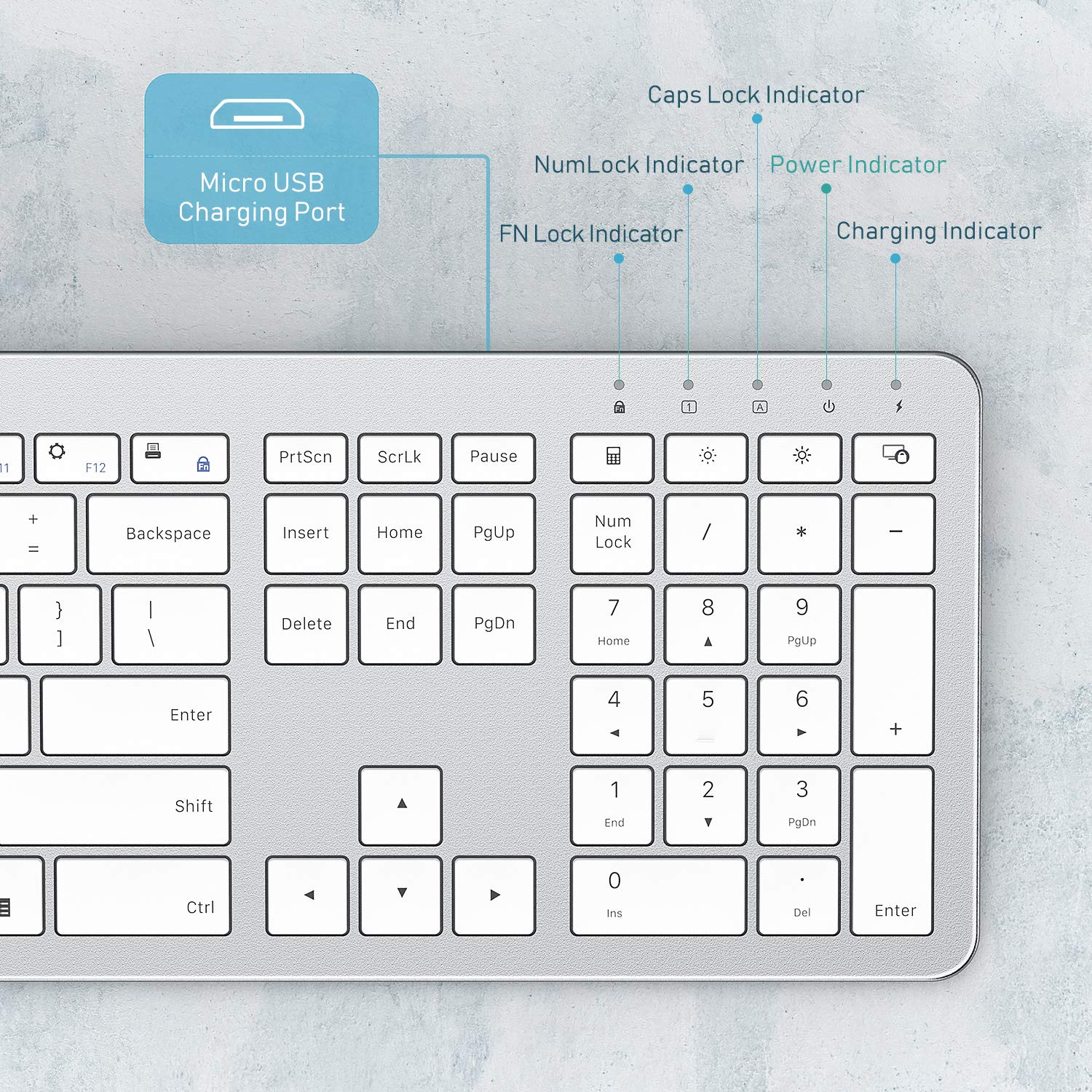 Seenda Rechargeable Wireless Keyboard and Mouse Combo - Full Size Cordless Keyboard with Built-in Lithium Battery, Ultra Thin Quiet Design - Silver & White for Office, Home, Gaming, and Remote Work