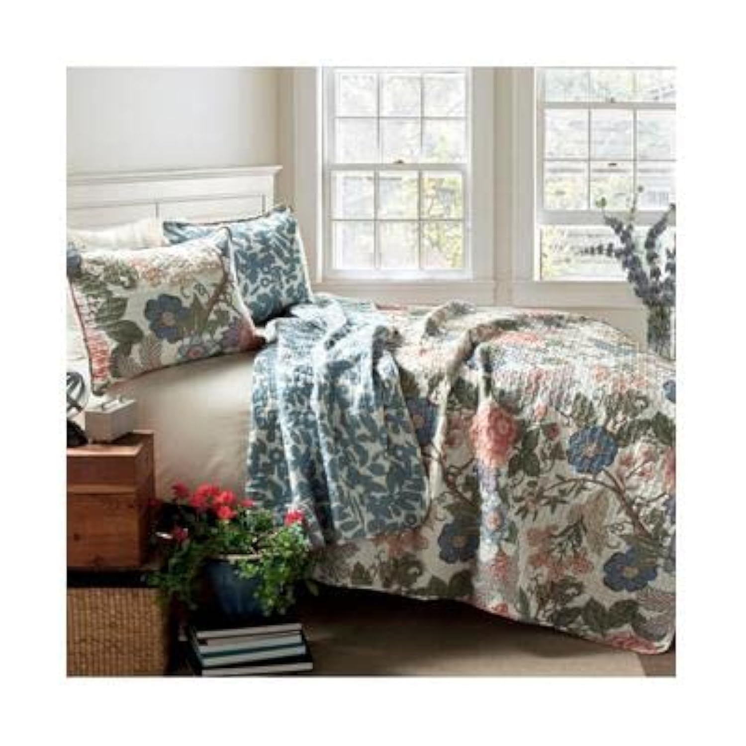 Lush Decor Sydney Cotton 3-Piece King Size Quilt Set - Blue & Green | Soft Bedding for Master Bedroom, Guest Room & Cozy Home Decor
