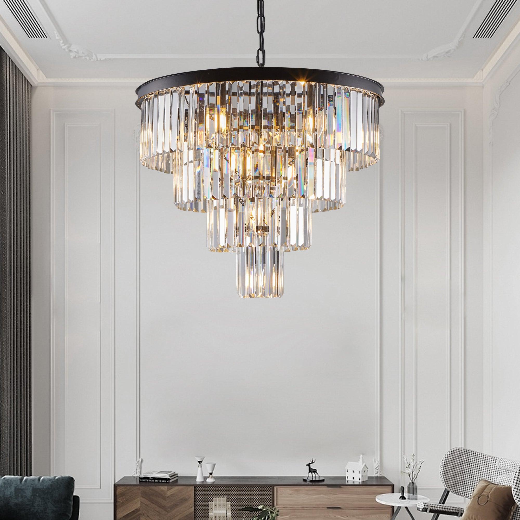 Modern Crystal Chandelier - 4 Tier Black Ceiling Light Fixture for Dining Room, Living Room, Bedroom | Elegant Contemporary Lighting Design (Bulbs Not Included) | Perfect for Home Decor, Wedding Venues & Luxury Interiors
