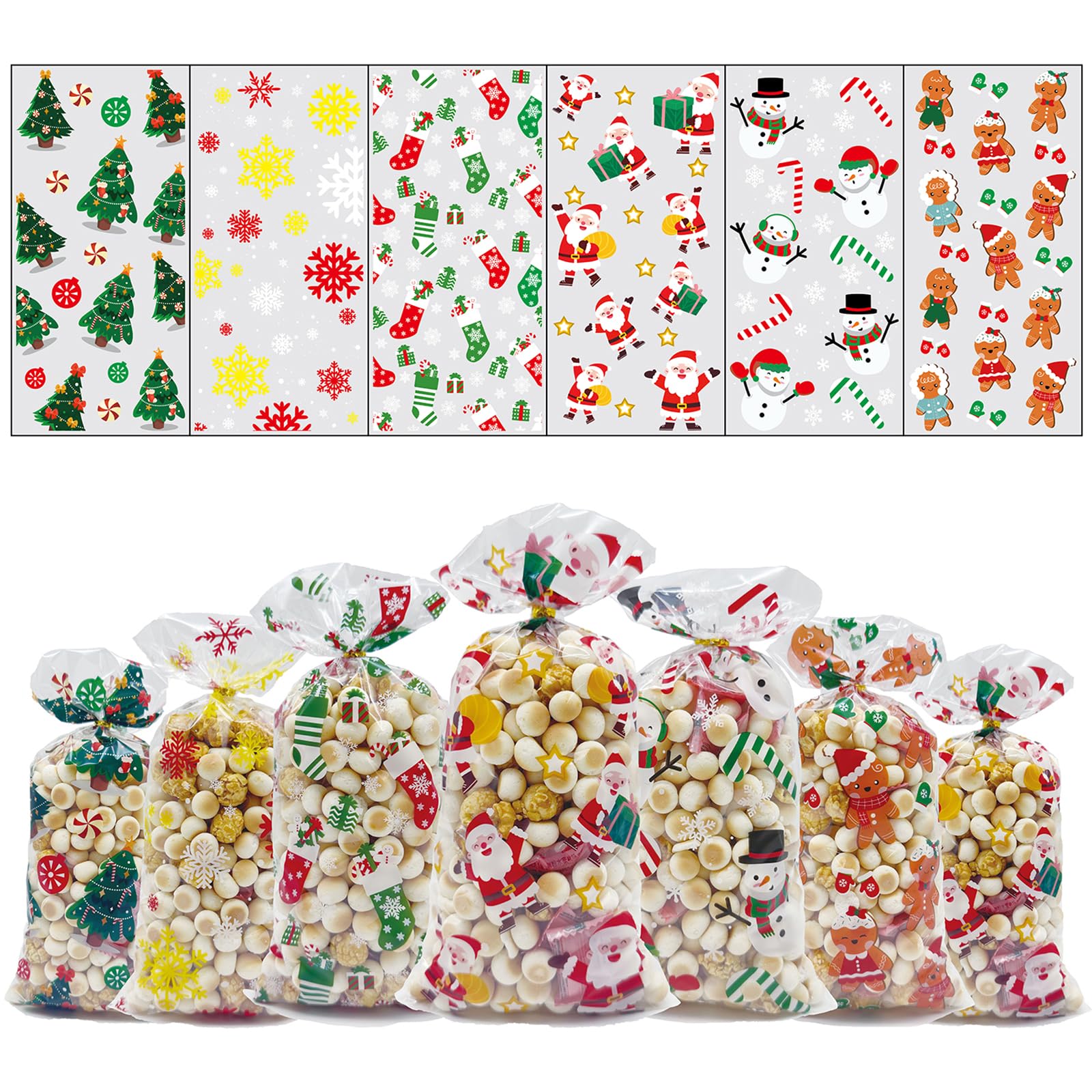 ONFAON Christmas Cellophane Treat Bags - 180pcs Holiday Candy Bags with 200pcs Twist Ties for Snacks, Cookies & Candy Packaging | Perfect for Christmas Party Favors, Gift Wrapping & Holiday Treat Bags