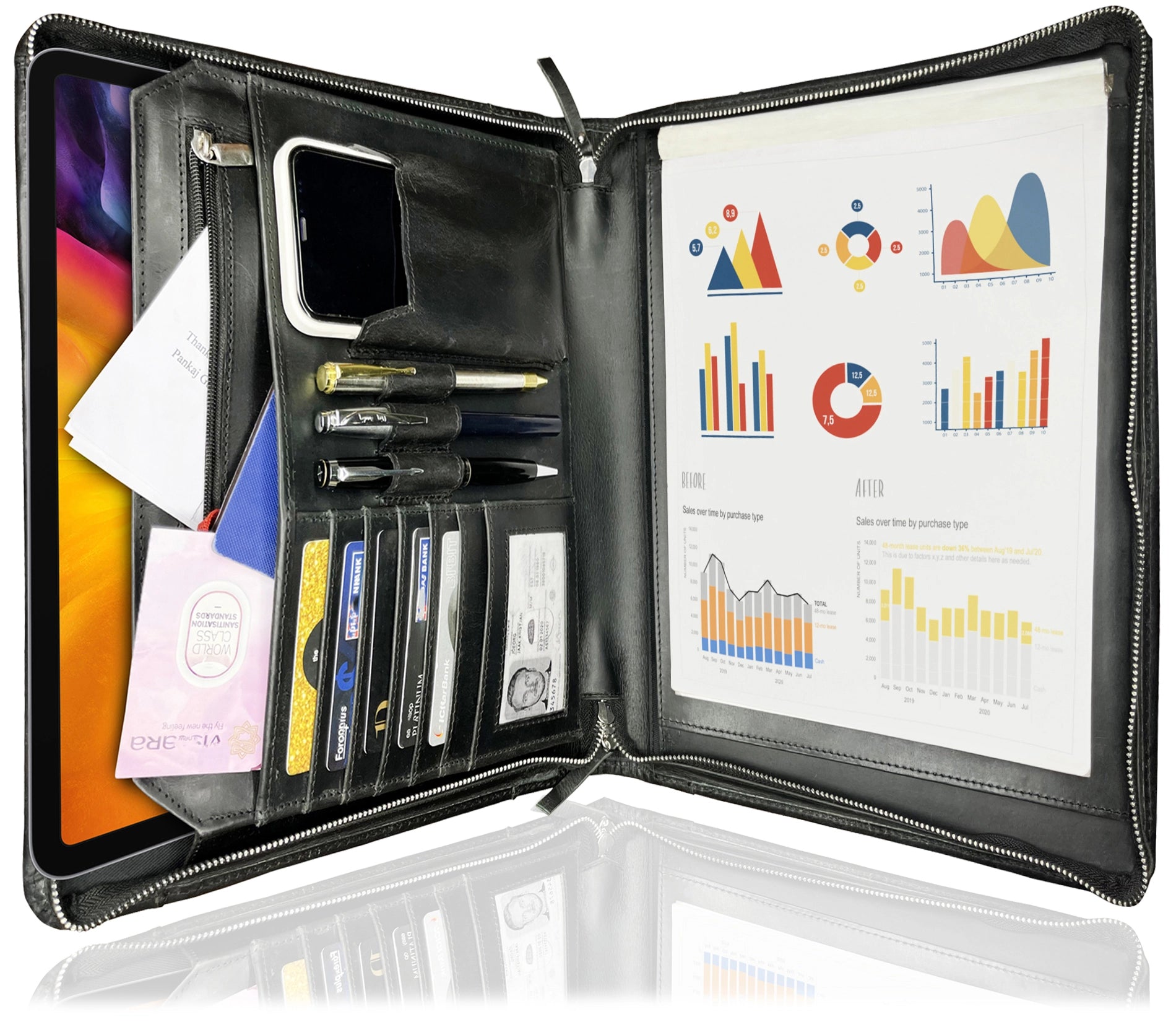 Premium Kingsman Business Leather Padfolio - Professional Black Portfolio for Meetings, Presentations & Office Use