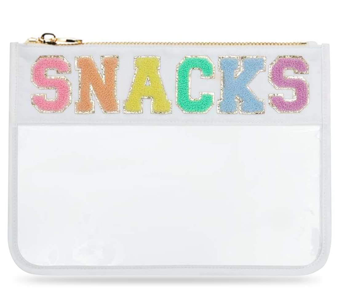 Chenille Letter Snack Pouch - Clear PVC & Nylon Zipper Snack Bag for Travel, School & Organization | Glittery Reusable Food Storage Container for Women & Kids | Perfect for Lunch, Snacks & On-the-Go Meals | White Chenille Letter Bag