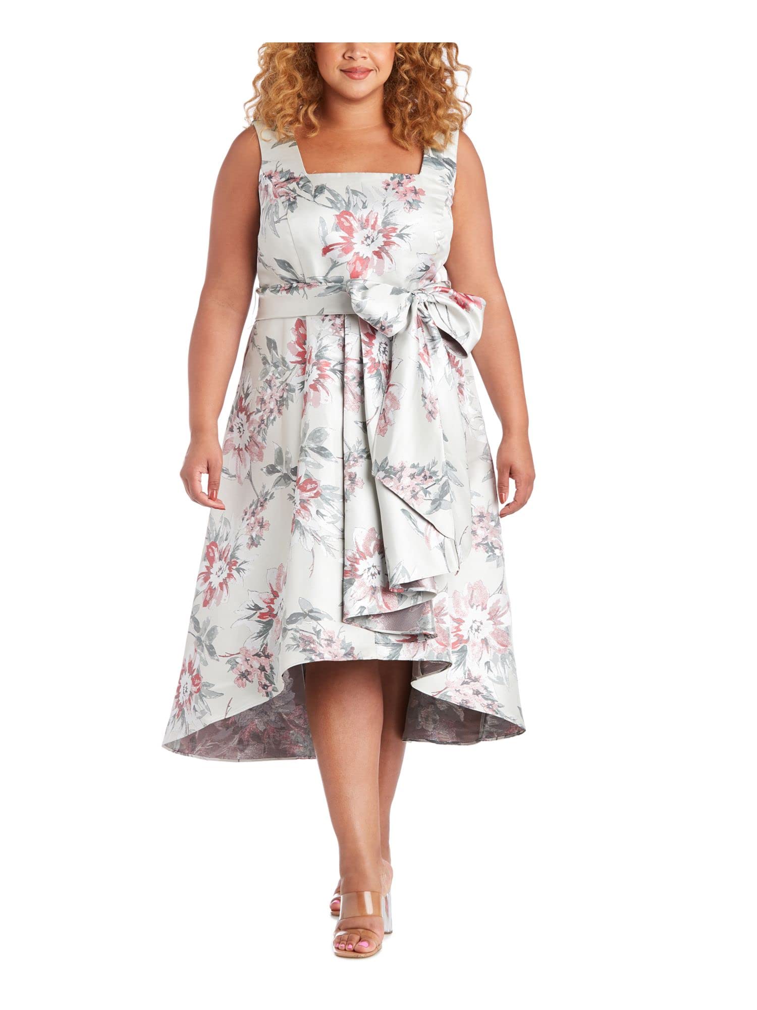 R&M Richards Women's Green Floral Print Textured Fit & Flare Midi Dress with Zipper Belt & Hi-Lo Hem - Plus Size 22W for Weddings, Parties & Formal Events