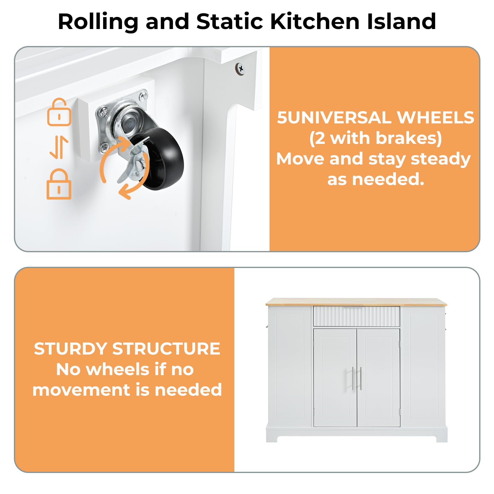 Rovibek White Mobile Kitchen Island Cart with Storage, 3 Drawers & Power Outlet - Rolling Kitchen Organizer with 10-Gallon Trash Can Storage - Perfect for Small Kitchens, Apartments & Outdoor Cooking