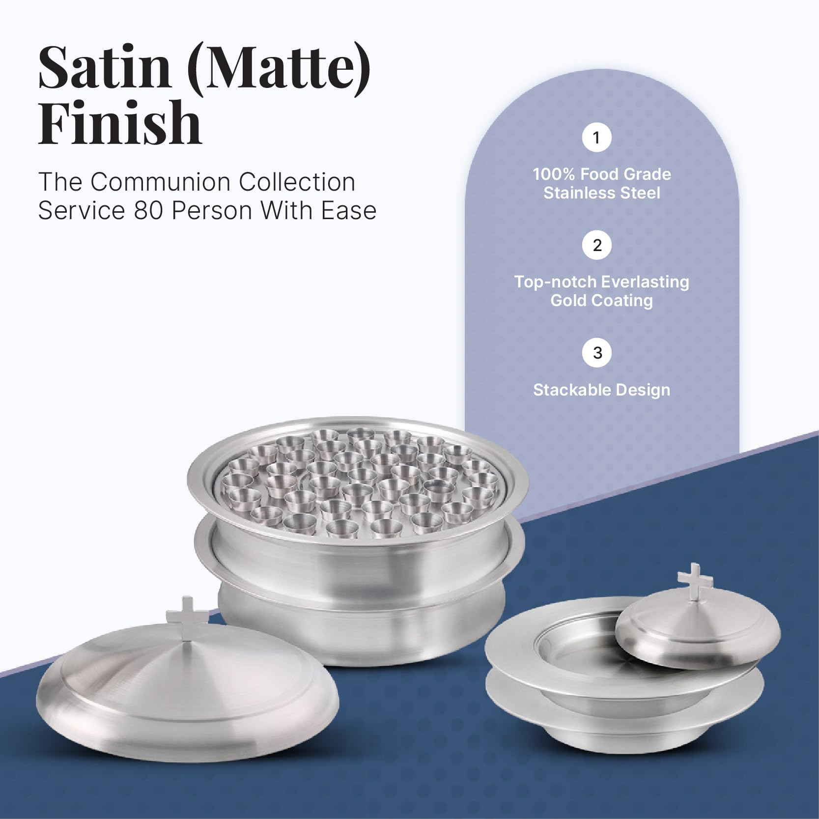 Stainless Steel Communion Set - 2 Holy Wine Serving Trays with Lids & 2 Stacking Bread Plates with Lids + 80 Cups - Matte Finish for Church Services, Religious Ceremonies, and Christian Events