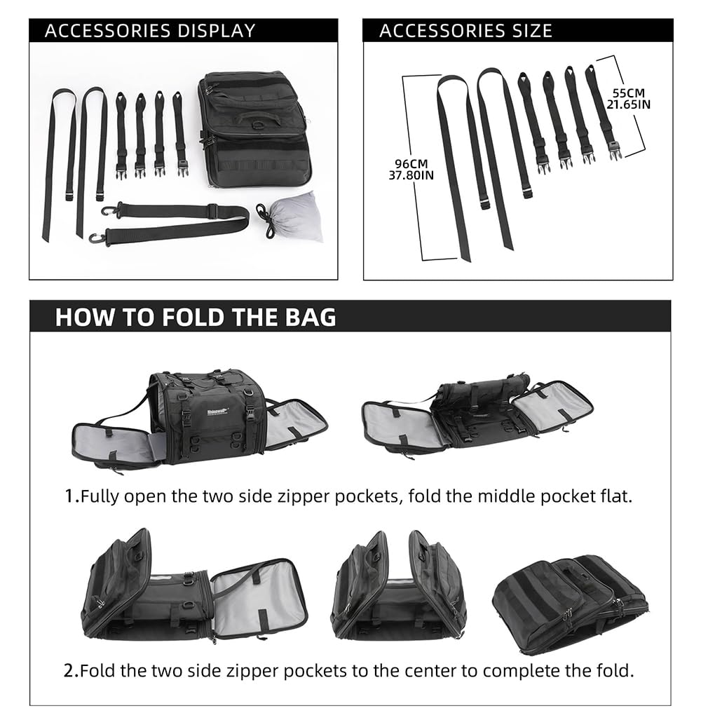 Rhinowalk 80L Expandable Motorcycle Tail Bag - Waterproof Saddle Bag with Straps for Travel & Commuting