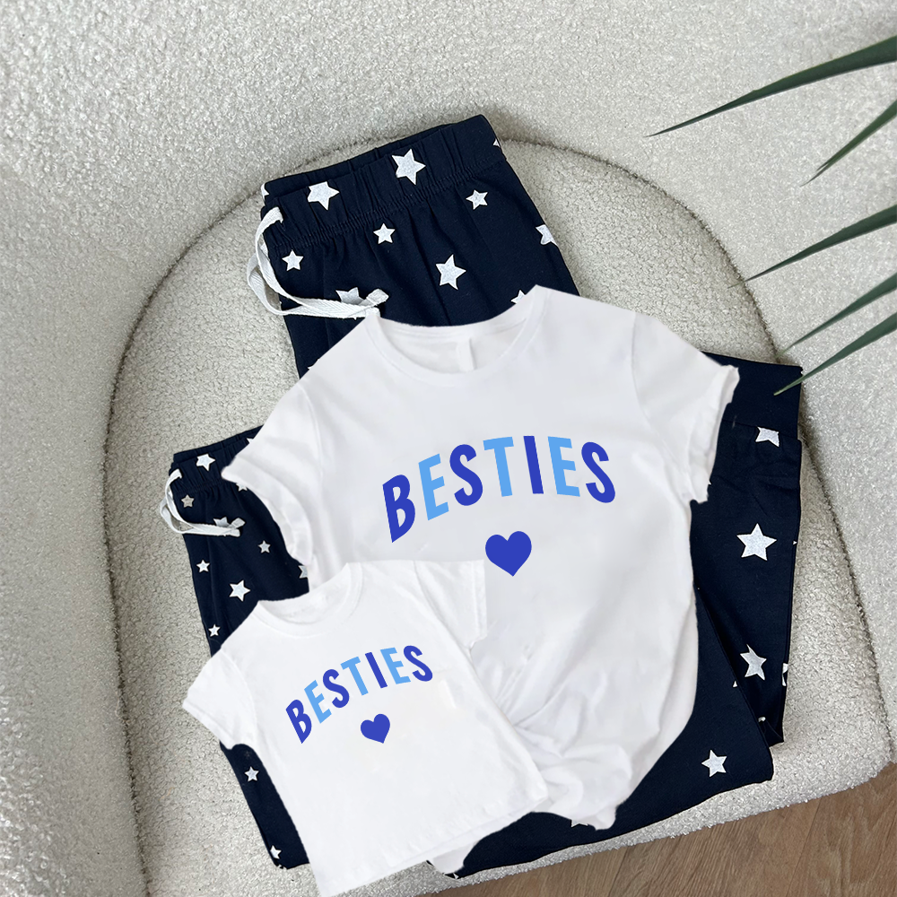 Besties Love Hearts Matching Navy/White Star Pajama Set - Cute Couple Sleepwear for Best Friends, Sisters & Sleepovers - Perfect for Matching Outfits & Cozy Nights