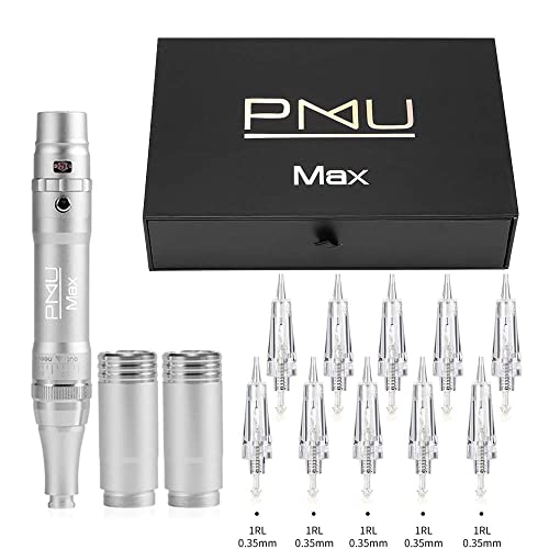 Professional MAX PMU Wireless Tattoo Machine Kit - Rotary Pen for Ombre Powder Brows, Microblading, Shading & Eyeliner | Cordless Tattoo Supplies for Permanent Makeup Artists | Perfect for Salon, Studio & Mobile Tattoo Services (Silver)