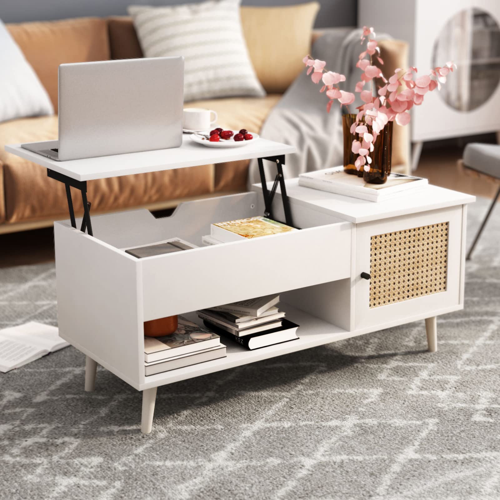 FOKWE Lift Top Coffee Table with Hidden Compartment - Adjustable Storage Shelf & Spacious Design for Living Room, Office & Small Spaces - Modern White Lift-Top Dining Table (Perfect for Remote Work, Entertaining & Space-Saving Storage)