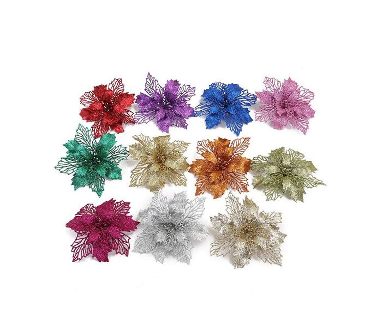 10 Pcs Rose Gold Glitter Poinsettia Flowers - Artificial Christmas Tree Ornaments for Holiday Wedding Decorations | Perfect for Xmas Tree, Wreaths, Table Centerpieces & Festive Home Decor