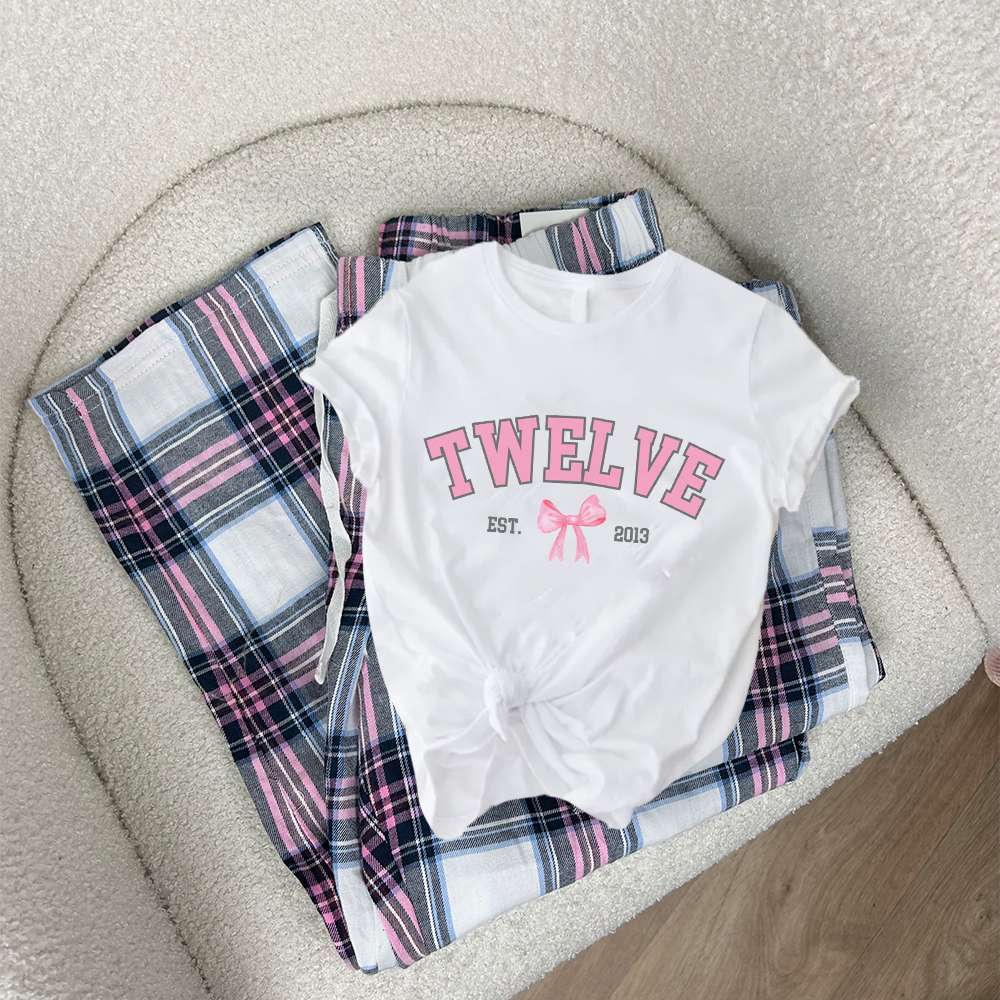 Coquette Age & Year Personalized T-Shirt & Garland Pajama Set - Custom Birthday Outfit for Women, Girls & Teens - Perfect for Sleepovers, Birthday Parties & Photo Shoots