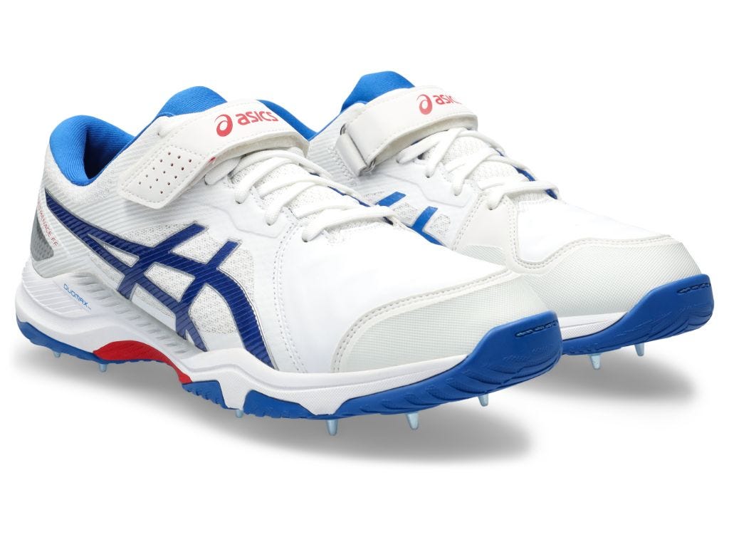 ASICS Speed Menace FF Men's Cricket Shoes - White/Tuna Blue - Metal Spikes for Enhanced Grip & Performance | Perfect for Competitive Matches & Training