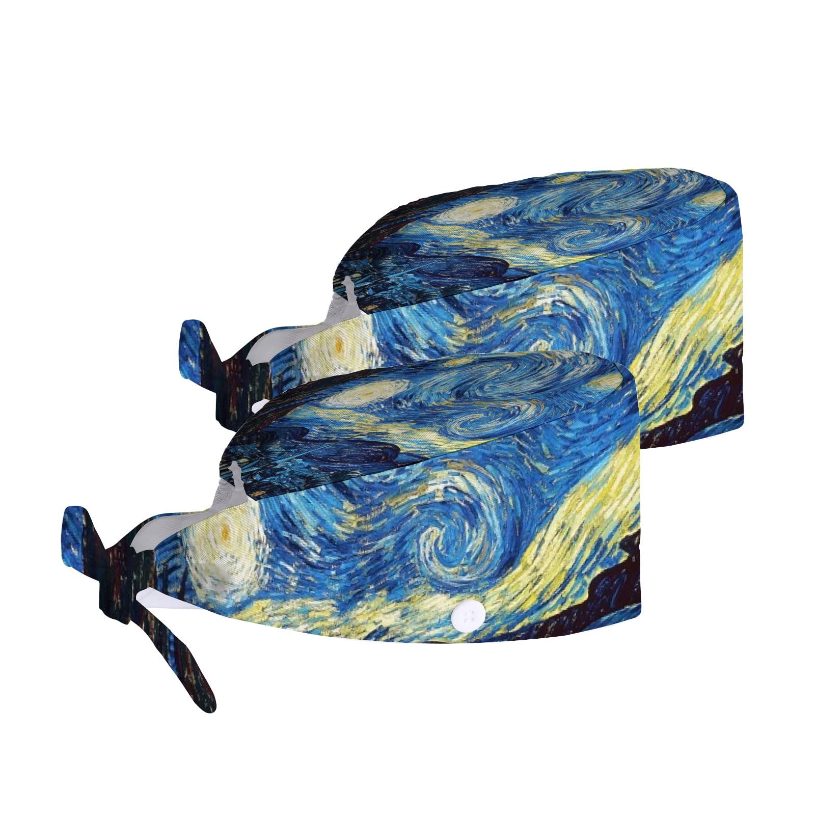 2 Pack Adjustable Tie Back Working Cap with Sweatband - Starry Night Van Gogh Design Unisex Skull Cap for Men & Women - Perfect for Outdoor Work, Hiking & Casual Wear