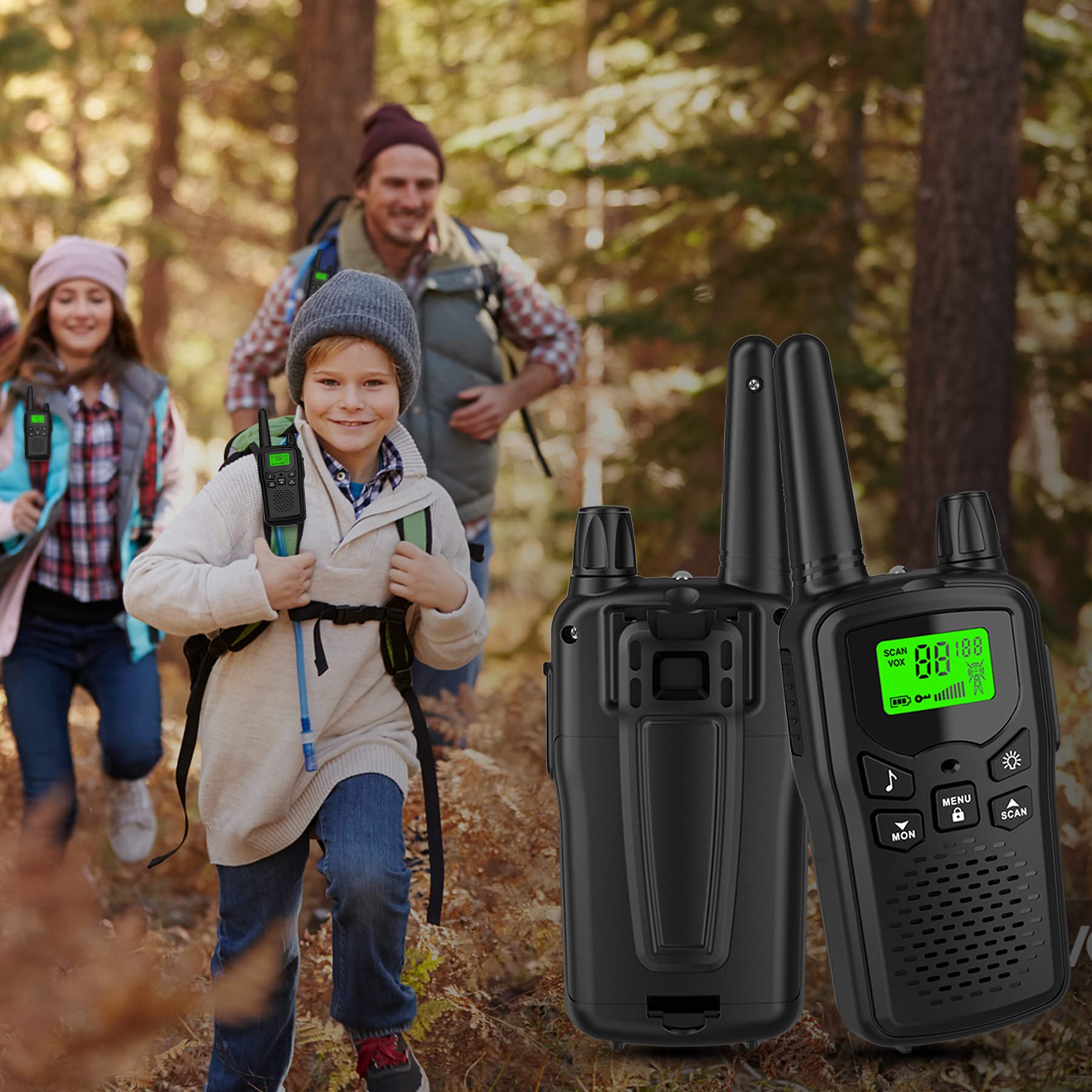 Long Range Walkie Talkies for Adults - 22 FRS Channels, Built-in LED Flashlight, VOX & LCD Display - Perfect for Hiking, Camping, Hunting & Outdoor Adventures (Black)