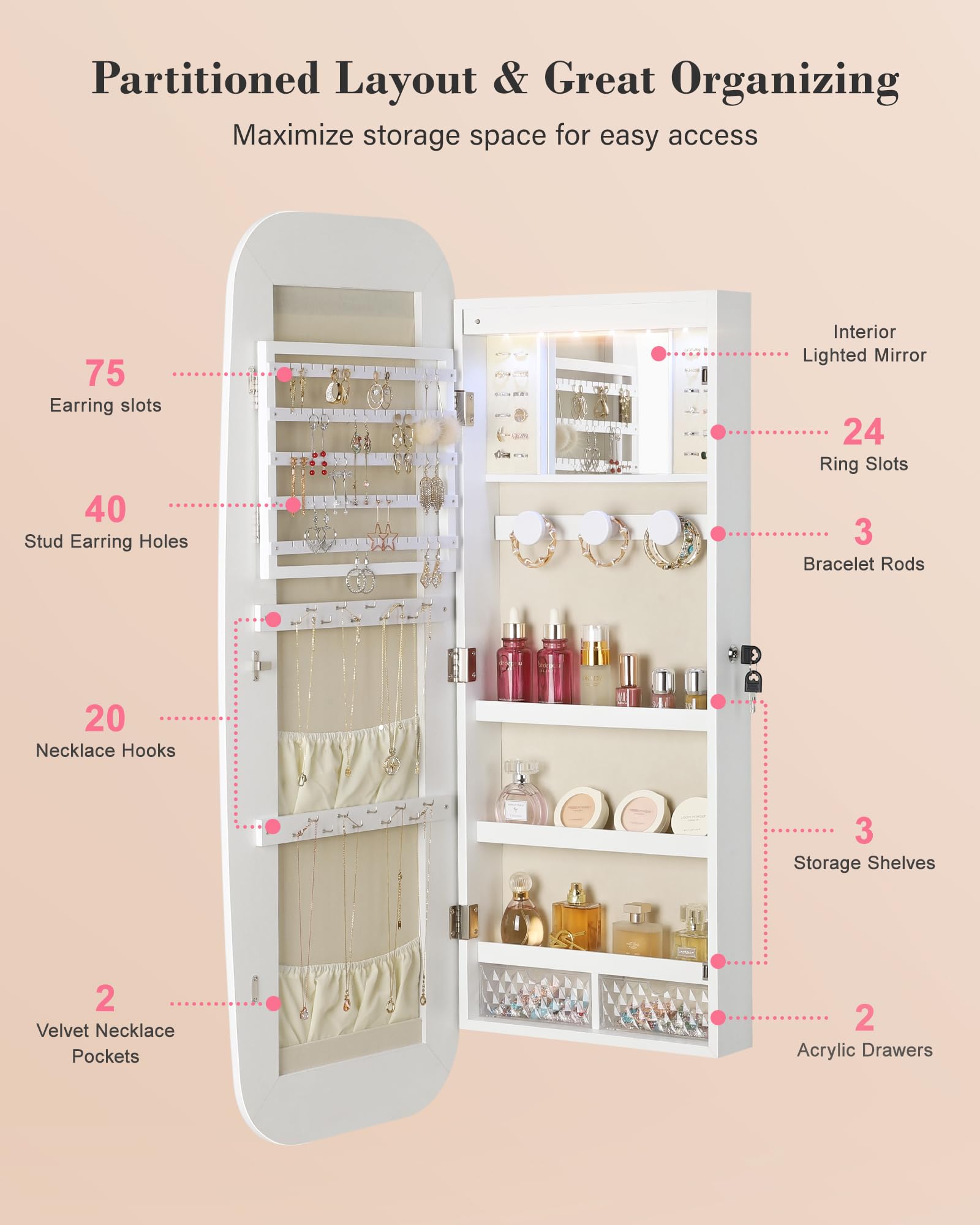 Nicetree LED Mirror Jewelry Cabinet - Wall/Door Mounted Jewelry Armoire Organizer with Lockable Storage, 2 Drawers & Interior Mirror - Pure White for Bedroom, Dressing Room & Closet Organization