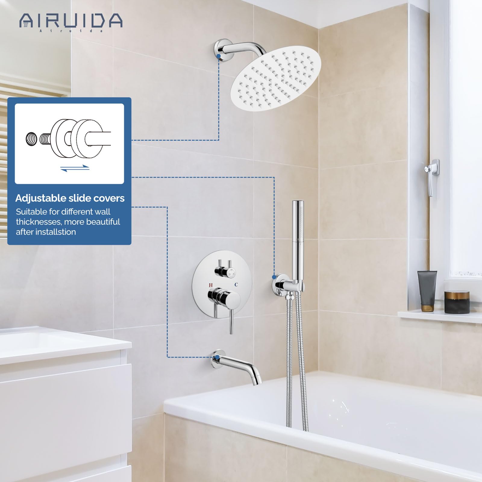 Airuida 8-Inch Round Shower System Set - 3-Function Wall Mount Rain Shower Faucet with 2-Function Handheld & Tub Spout - Chrome Polish Finish for Bathroom & Tub Shower Combo - Perfect for Modern Home & Spa Experience