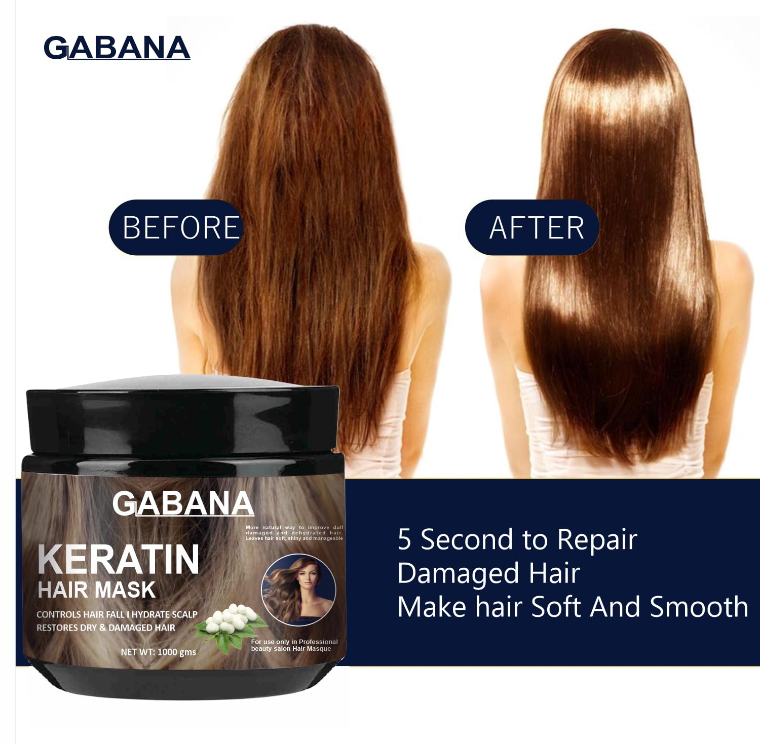 GABANA Keratin Hair Mask for Hair Fall Control - 1000g Deep Conditioning Treatment for Frizzy, Dry & Damaged Hair | Promotes Hair Growth & Smoothness | Perfect for Salon-Quality Hair Care at Home
