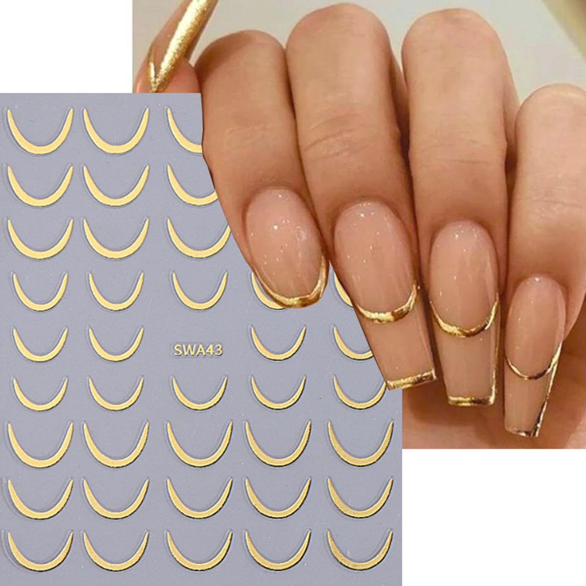 French Tip Nail Art Stickers - Gold & Silver 3D Stripe Nail Decals (6PCS) | Self-Adhesive French Crescent Nail Stickers for DIY Manicure | Perfect for Wedding, Party & Salon Nail Decorations
