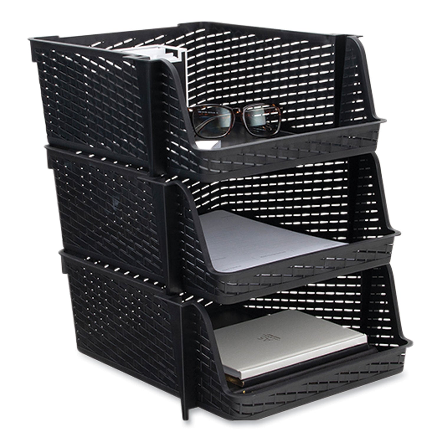 Advantus Nest and Stack Open Lid Storage Bin - 13.5 x 15 x 8.5 Inches, Black Plastic Organizer Bins, Set of 3 - Perfect for Home Organization, Closet Storage, and Office Supplies