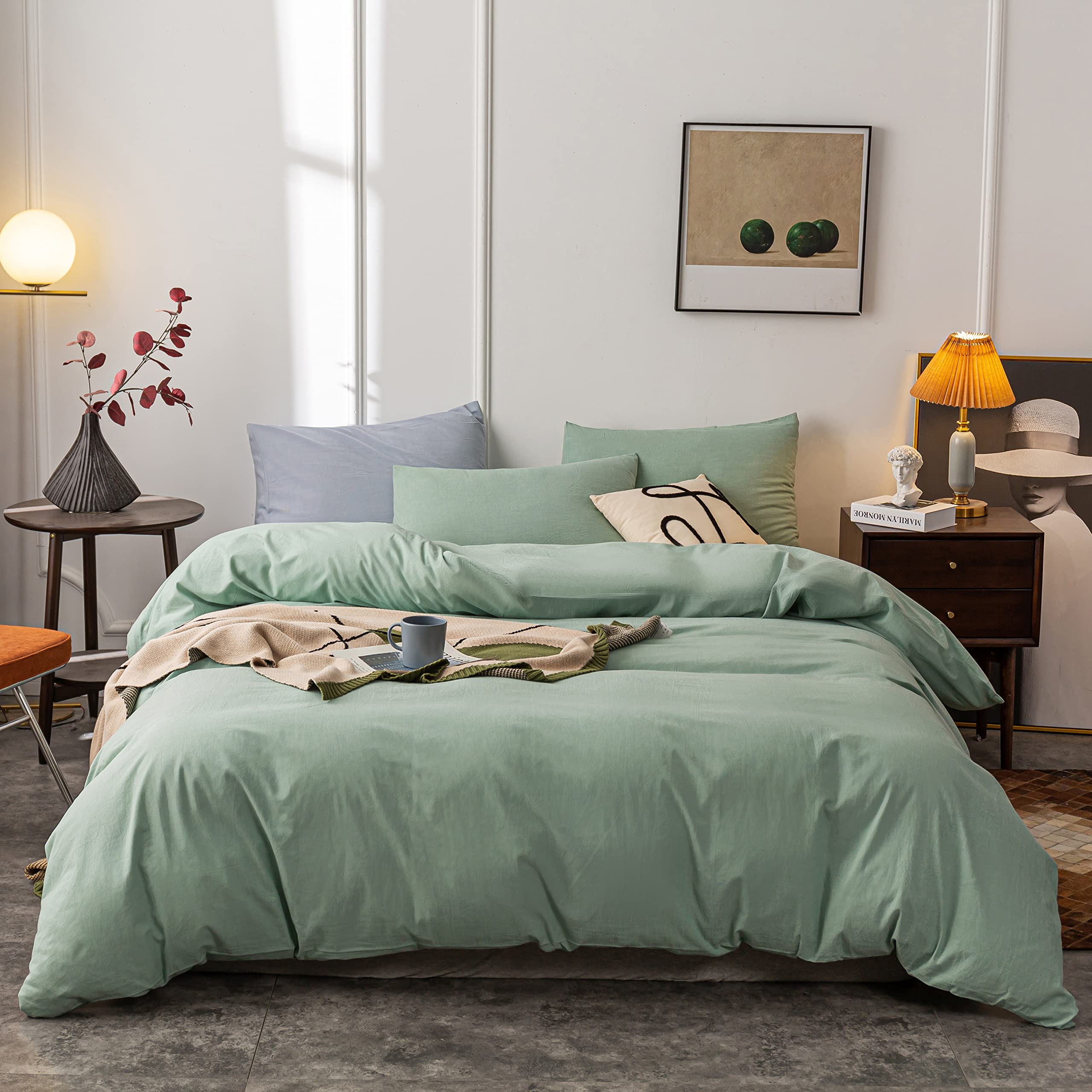 Janlive 100% Washed Cotton Duvet Cover Queen Size - Ultra Soft Solid Green Bedding Set with Zipper Closure (3-Piece) | Breathable & Hypoallergenic for All-Season Comfort in Master Bedroom, Guest Room or Dorm