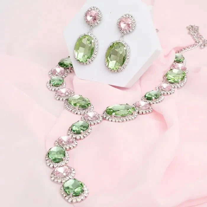Elegant Pink & Green Crystal Y Necklace Set for Women - Perfect for Parties, Weddings & Everyday Wear