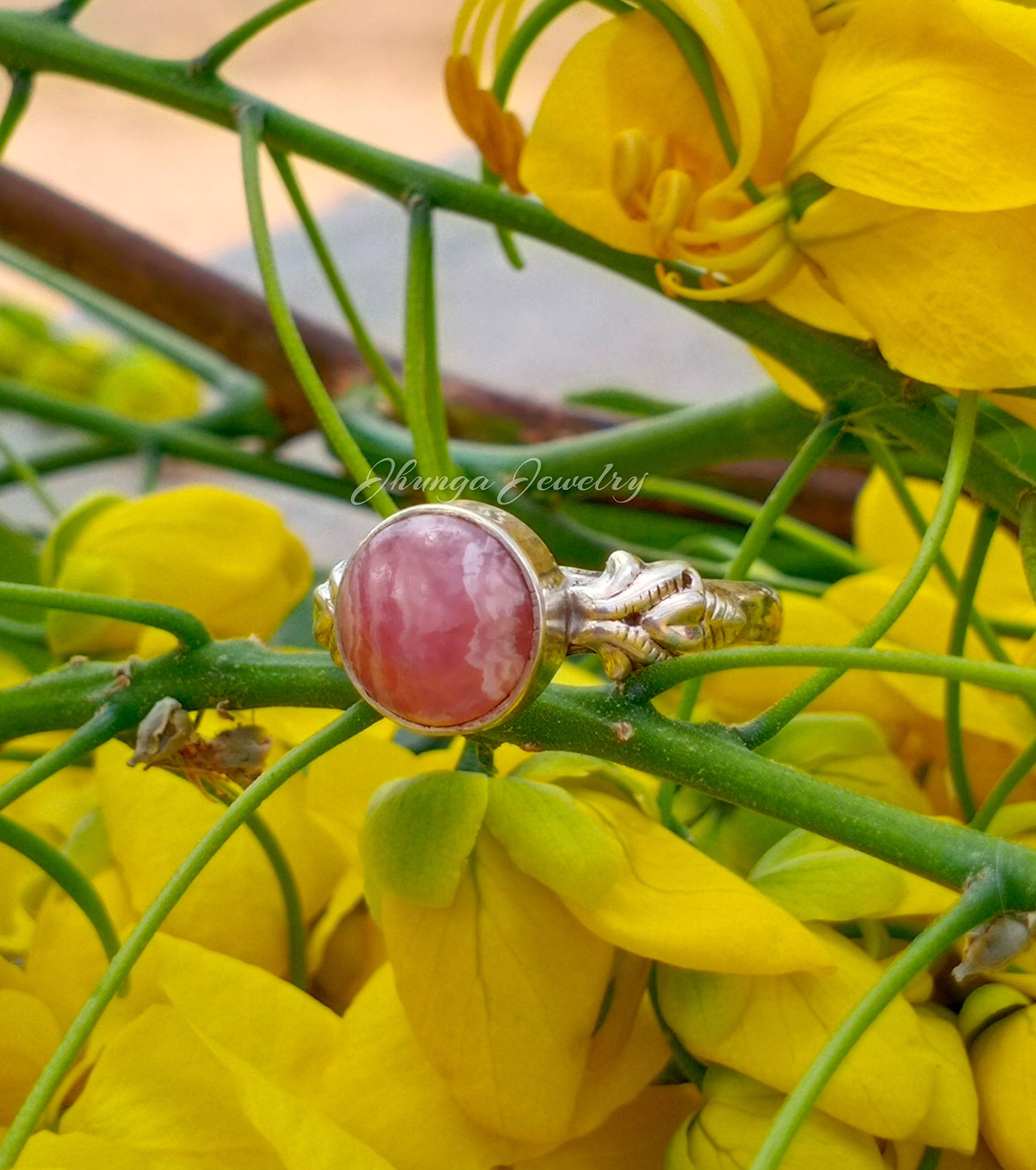 Rhodochrosite Ring for Women - 925 Sterling Silver Boho Statement Ring with Round Gemstone | Promise Ring, Dainty Jewelry Gift for Her | Perfect for Weddings, Anniversaries & Special Occasions