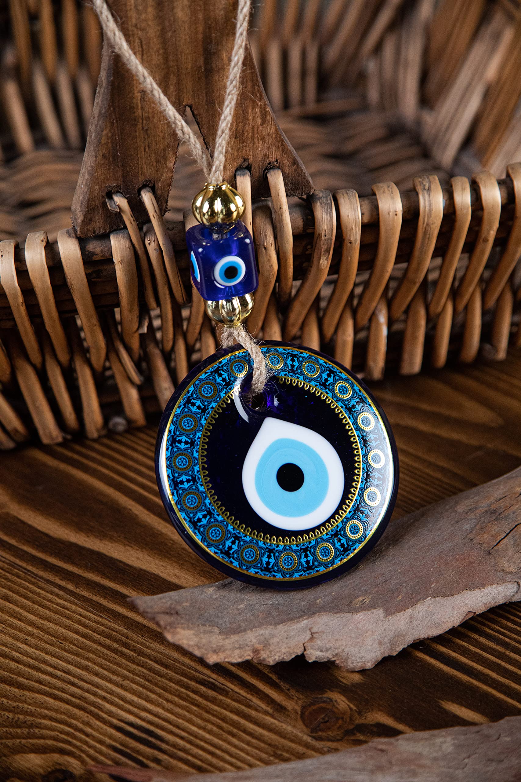 Evil Eye Wall Decor - 5.11 Inch Turquoise & Gold Frame Hanging Home Protection Ornament for Living Room, Bedroom & Office | Nevfactory Handmade Spiritual Decor
