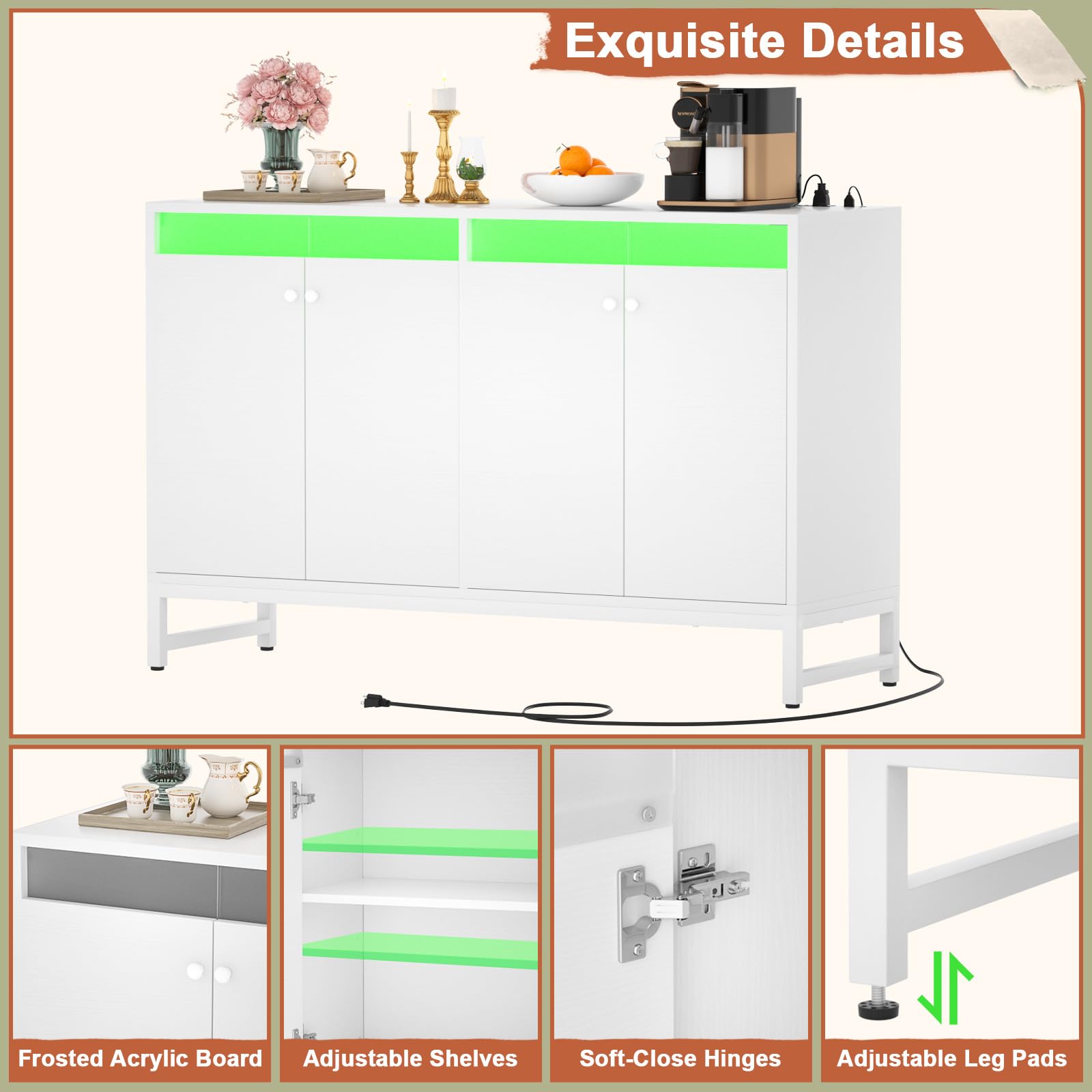 Aheaplus Modern Sideboard Buffet Cabinet with Built-in Power Outlet & LED Lighting - Kitchen Storage Cabinet with Doors - Accent Cupboard Buffet Table for Dining Room, Living Room, Hallway - Perfect for Home Decor & Entertaining - White