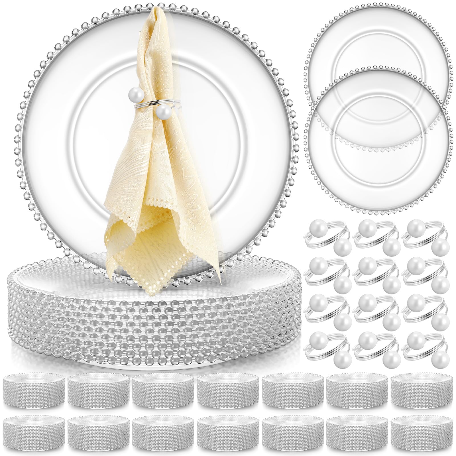 50-Pack Clear Acrylic Beaded Charger Plates 13 Inch with Napkin Rings - Elegant Wedding Party Dinner Table Decor (Clear & Silver) | Perfect for Bridal Showers, Banquets, and Formal Events
