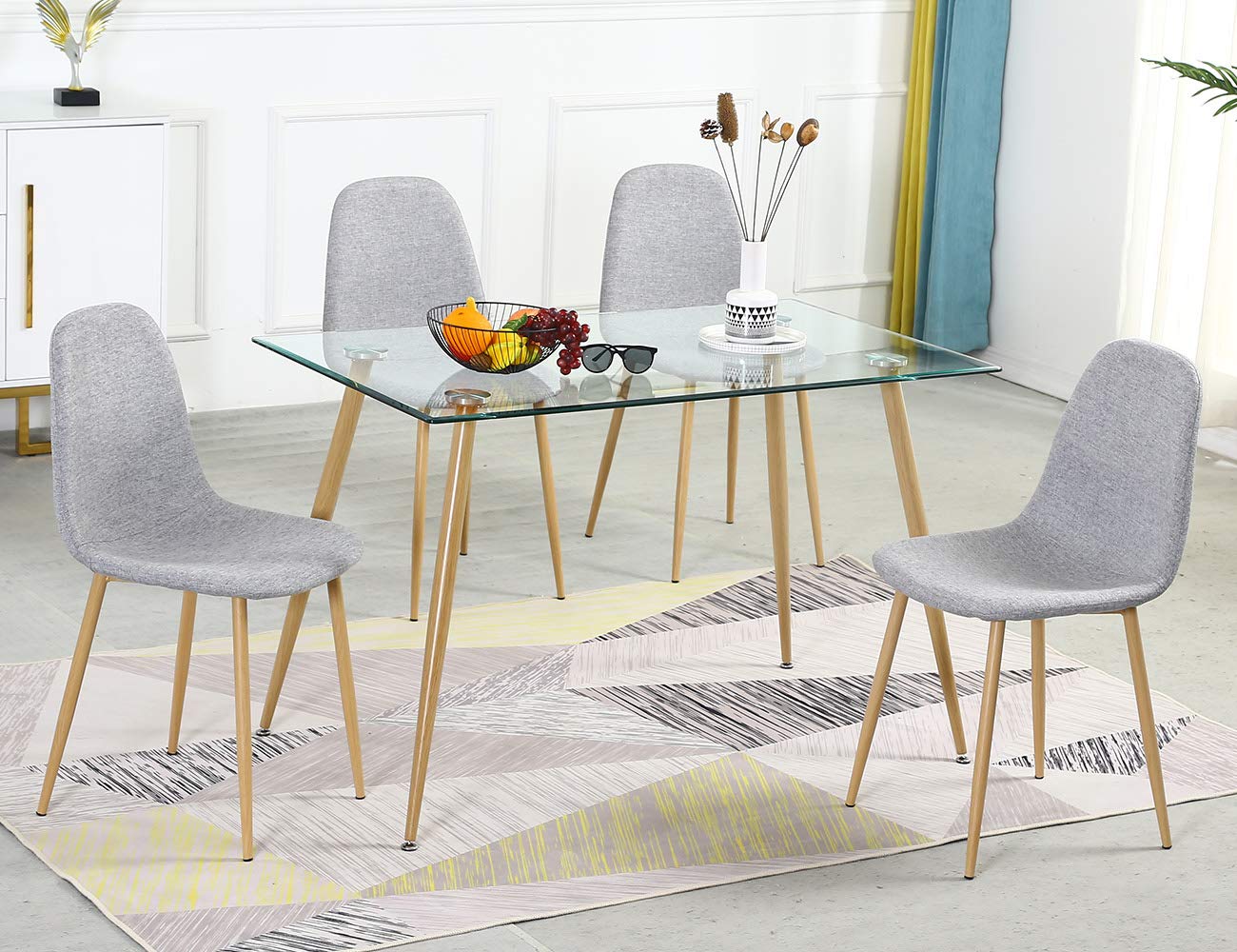 Modern 5-Piece Glass Dining Table Set for 4 - Tempered Glass Kitchen Table with Velvet Upholstered Chairs - Space-Saving Dining Room Furniture for Small Apartments, Breakfast Nooks & Cozy Family Meals