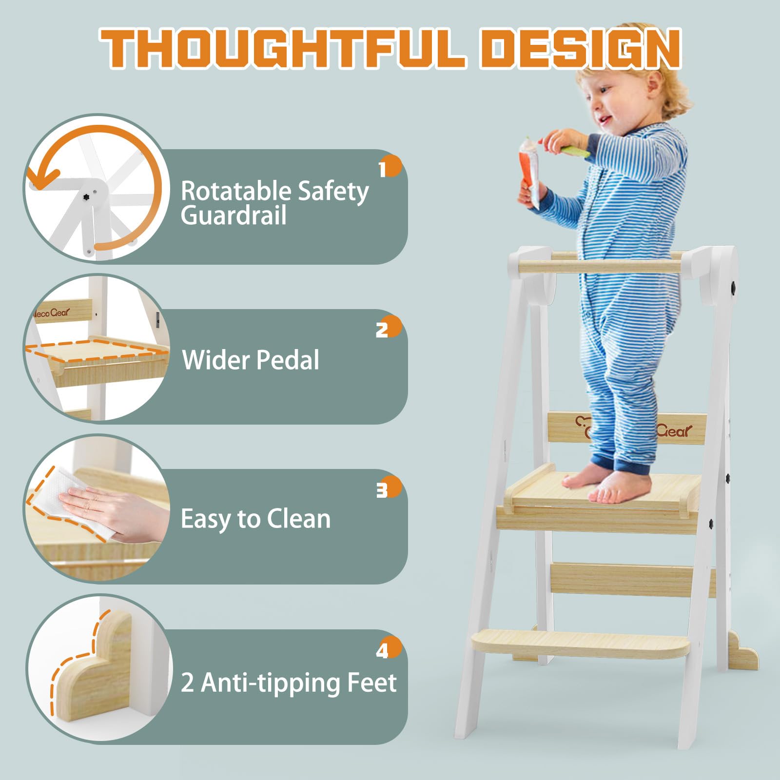 Taleco Gear Foldable Toddler Kitchen Stool Helper - 3 Adjustable Height Wooden Learning Tower for Kids | Collapsible Step Stool for Bathroom & Kitchen Safety (Natural Wood) | Perfect Montessori Helper for Baking, Washing Hands & Countertop Access
