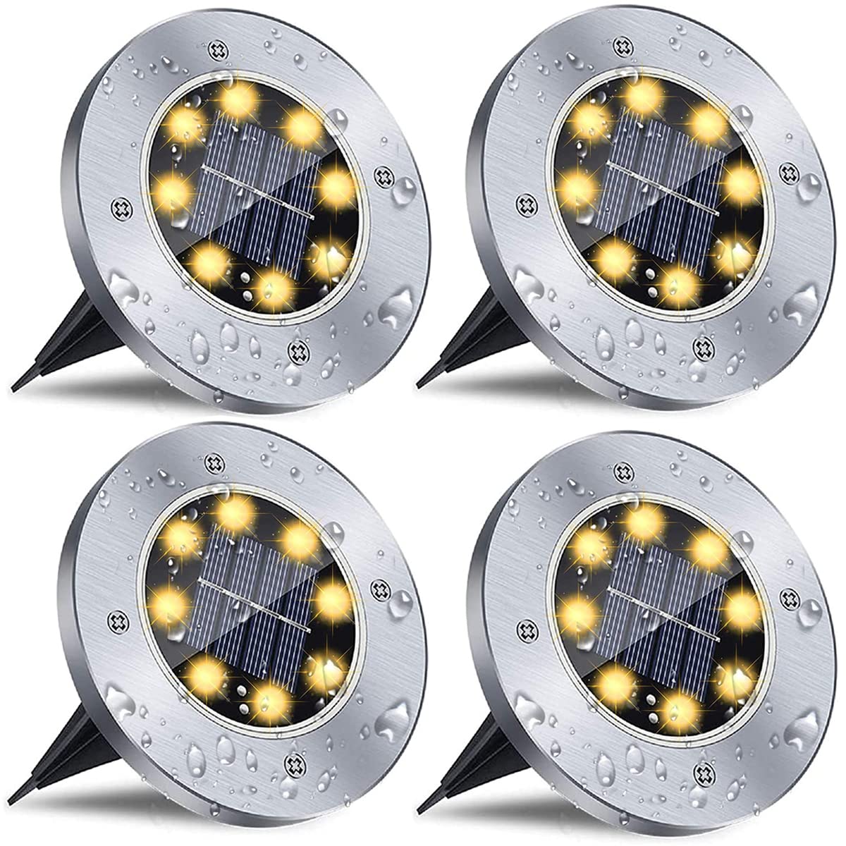 8 LED Solar Ground Lights Outdoor - Waterproof Solar Powered Disk Lights for Garden, Yard, Deck, Lawn, Patio & Pathway Lighting (Warm White, 4 Pack) - Perfect for Landscape, Walkway & Backyard Decor