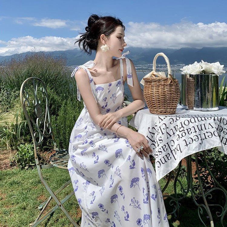 French Retro Thin Strap Long Summer Dress - Floral Print Maxi Dress in Purple | Perfect for Beach Vacations, Date Nights & Summer Weddings