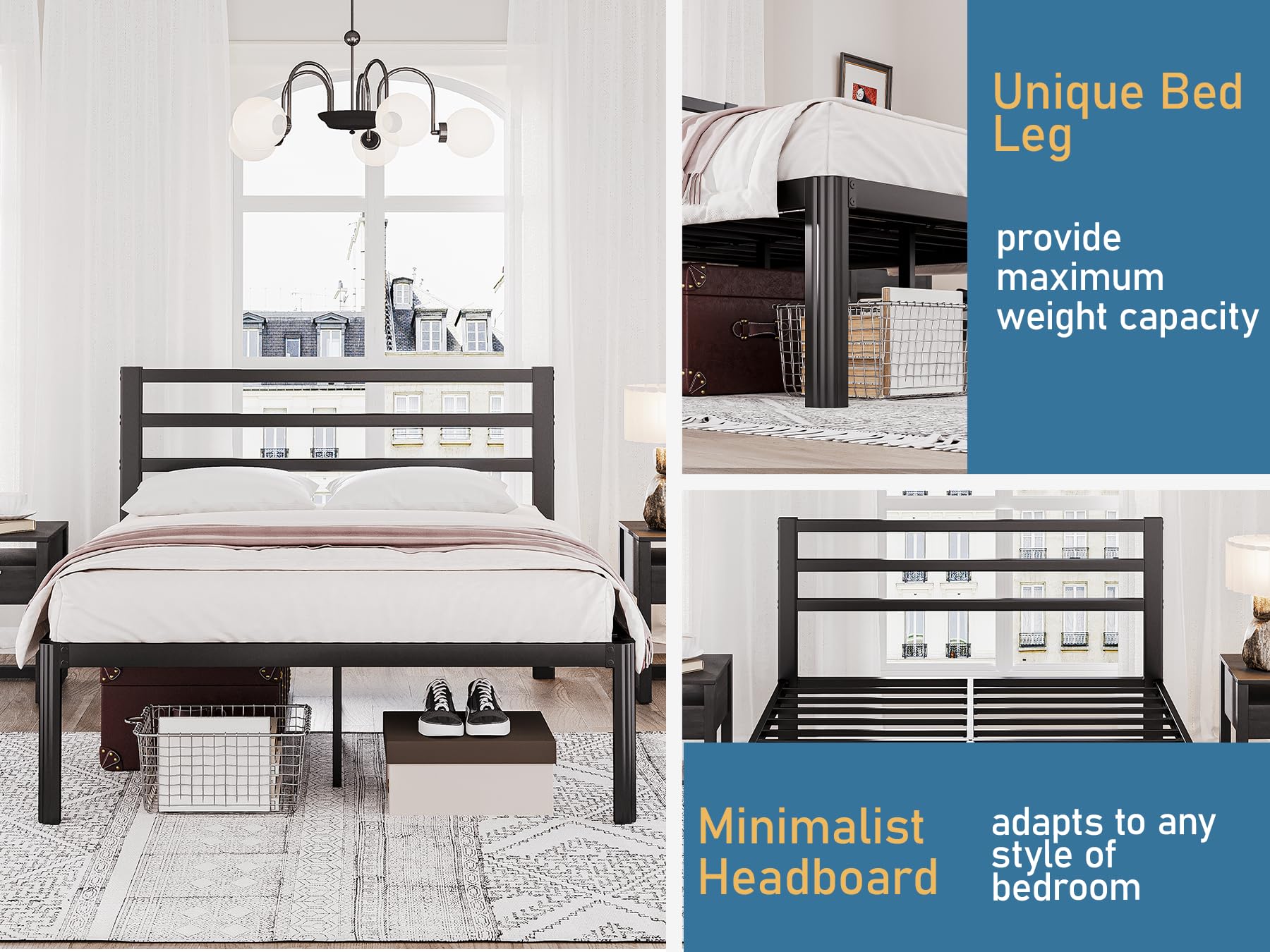 **King Size Bed Frame with Headboard - 18 Inch Heavy Duty Metal Platform Bed, No Box Spring Needed, Sturdy Mattress Foundation, Noise Free & Easy Assembly, Black - Perfect for Master Bedroom & Guest Room**