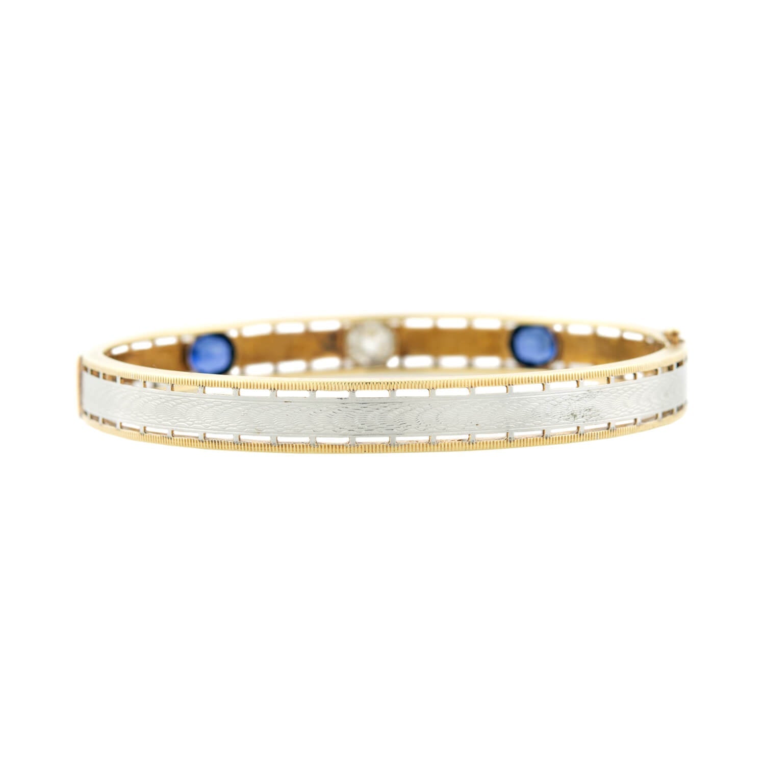Antique Edwardian Krementz 14K Gold & Platinum Diamond Sapphire Bangle Bracelet - Vintage Jewelry for Weddings, Anniversaries & Special Occasions