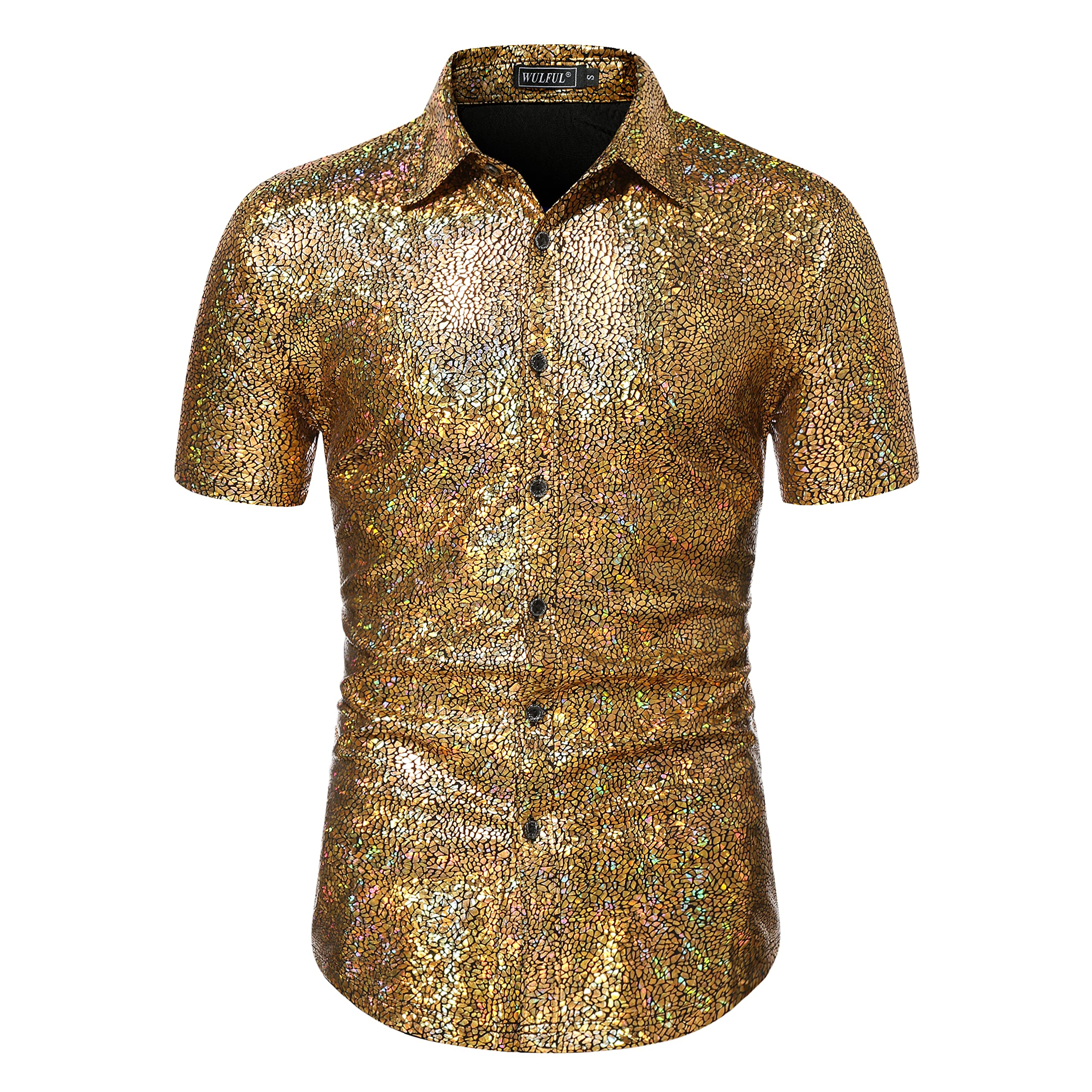 WULFUL Men's Disco Shirt with Sequins - 70s Style Short Sleeve Button Down Party Shirt for Costume, Nightclub, and Retro Theme Events