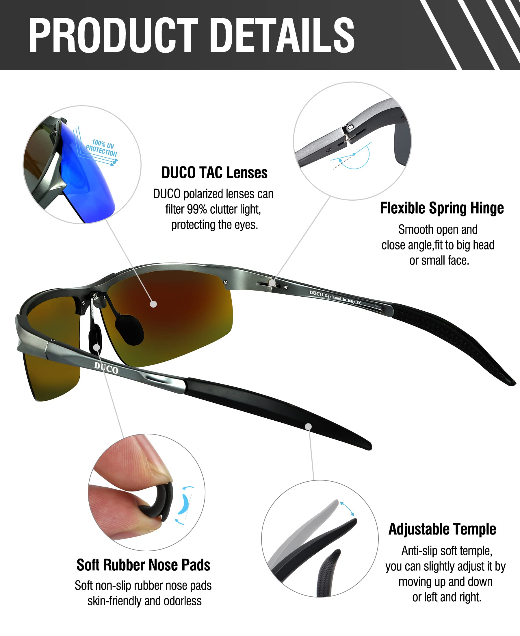 DUCO Men's Polarized Sports Sunglasses UV400 Protection for Running Cycling Fishing - Lightweight & Durable Frame (Model 8177s)