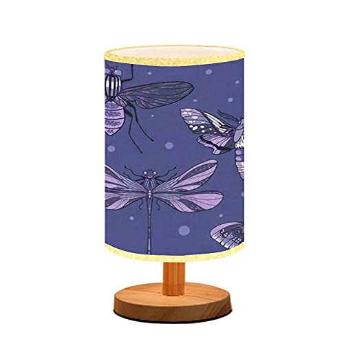 Minimalist Wooden Flaxen Fabric Shade Bedside Table Lamp - Hand Drawn Violet Dotted Design for Bedroom, Living Room & Nursery | Perfect Nightstand Lighting for Reading & Breastfeeding