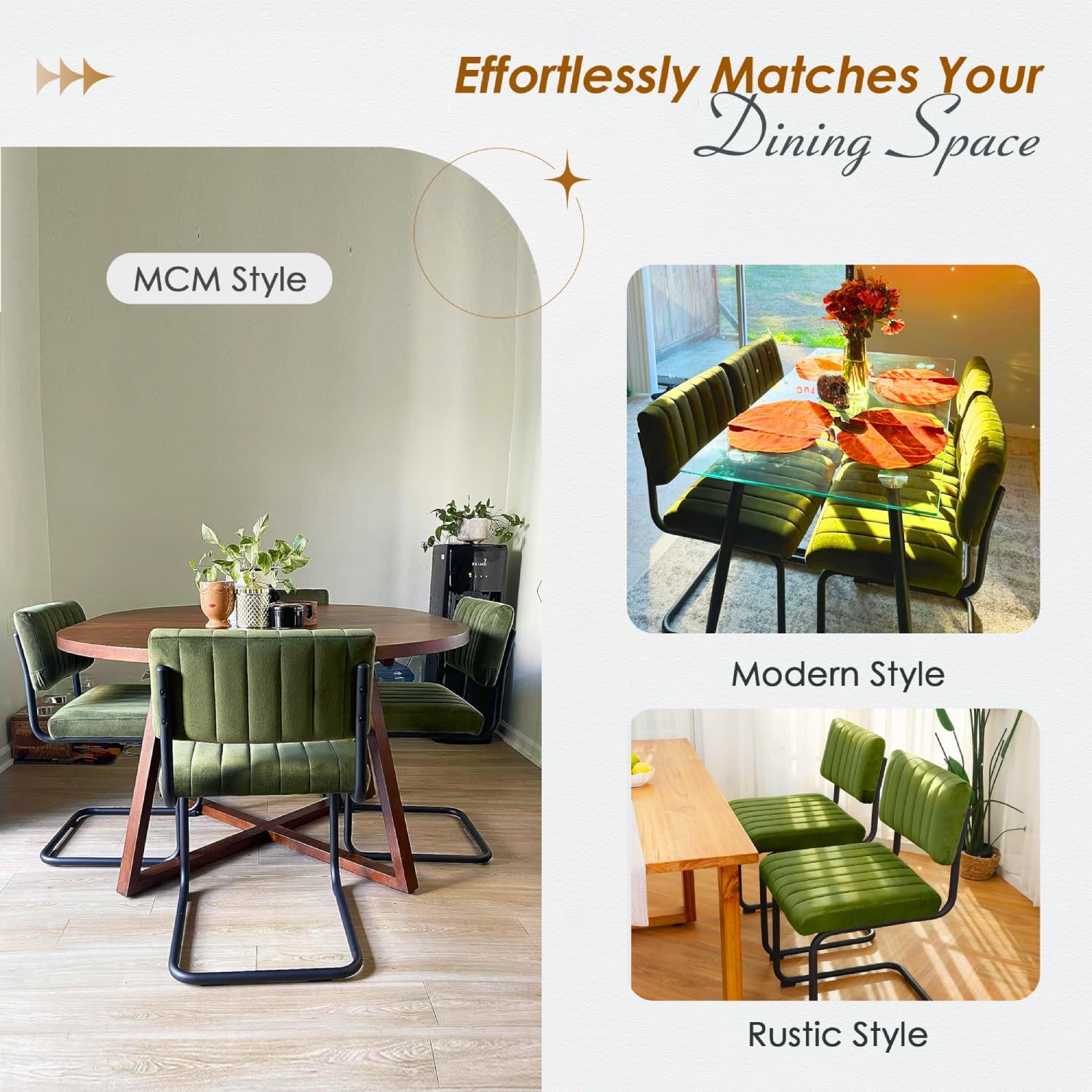 ONEVOG Mid Century Modern Dining Chairs Set of 2 - Green Velvet Upholstered Kitchen Chairs with Tufted Backs, Wide Seat & Metal Legs - Stylish Armless Cantilever Chairs for Dining Room, Kitchen, Living Room & Office