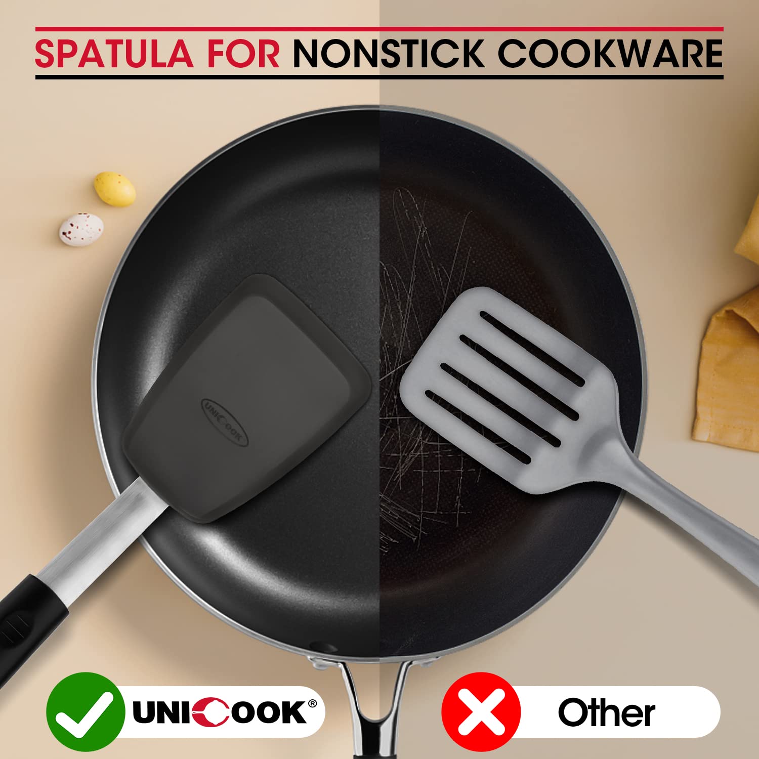 Unicook Upgraded Silicone Spatula - Flexible Egg Turner & Pancake Flipper - 600°F Heat Resistant Kitchen Utensil with Ergonomic Handle - Perfect for Frying Eggs, Pancakes, Burgers, Crepes & More - Ideal for Home Cooking, Baking & Restaurant Use