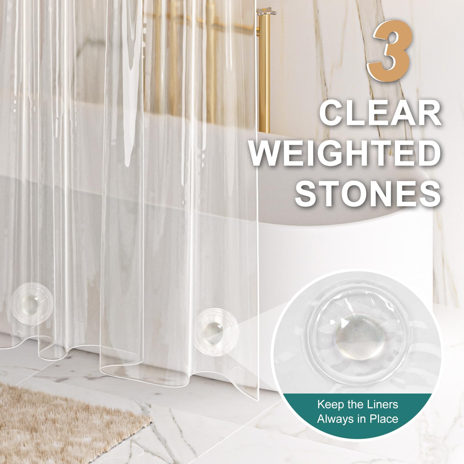 AmazerBath Heavy Duty 12 Gauge Shower Curtain Liner - 72 x 65 Inches Clear Plastic Bathroom Curtain with Weighted Hem, 12 Rustproof Grommets & 3 Decorative Stones - Waterproof Shower Liner for Bathroom, Hotel, and Dorm Use