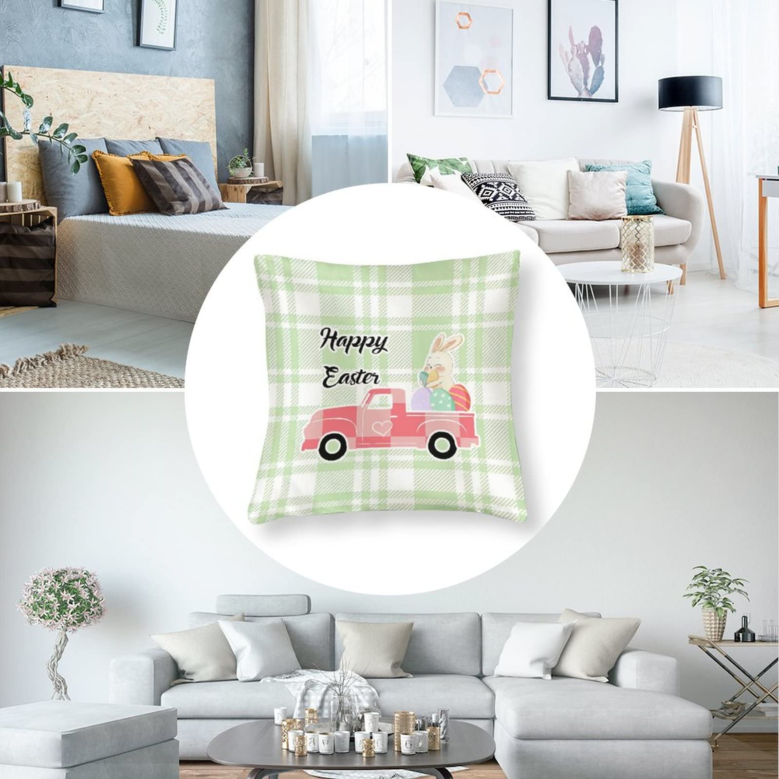 Happy Easter Cartoon Rabbit Bunny Eggs Buffalo Plaid Silk Throw Pillow Covers 26x26 - Decorative Easter Pillow Covers for Living Room, Bedroom, Sofa | Easter Home Decor, Spring Party Decorations, Holiday Gift Idea
