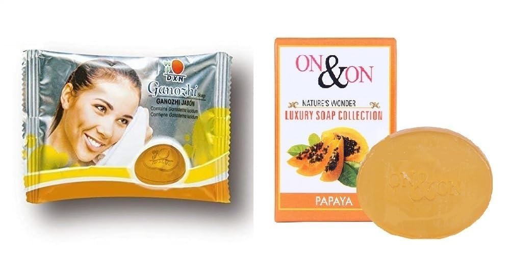Truly Grow DXN Ganozhi Soap 75g & ON & ON Papaya Soap 75g Combo Pack - Natural Skincare for Acne, Whitening & Glowing Skin - Perfect for Daily Face & Body Cleansing Routine