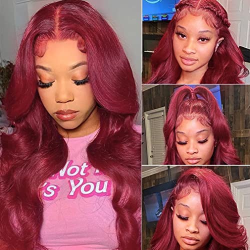 13x4 HD Transparent Lace Front Human Hair Wig - 150% Density Body Wave Glueless Wig with Pre-Plucked Baby Hair & Natural Hairline | Burgundy/Wine Red 22 Inch Lace Front Wig for Black Women | Perfect for Daily Wear, Parties, Weddings & Special Occasions