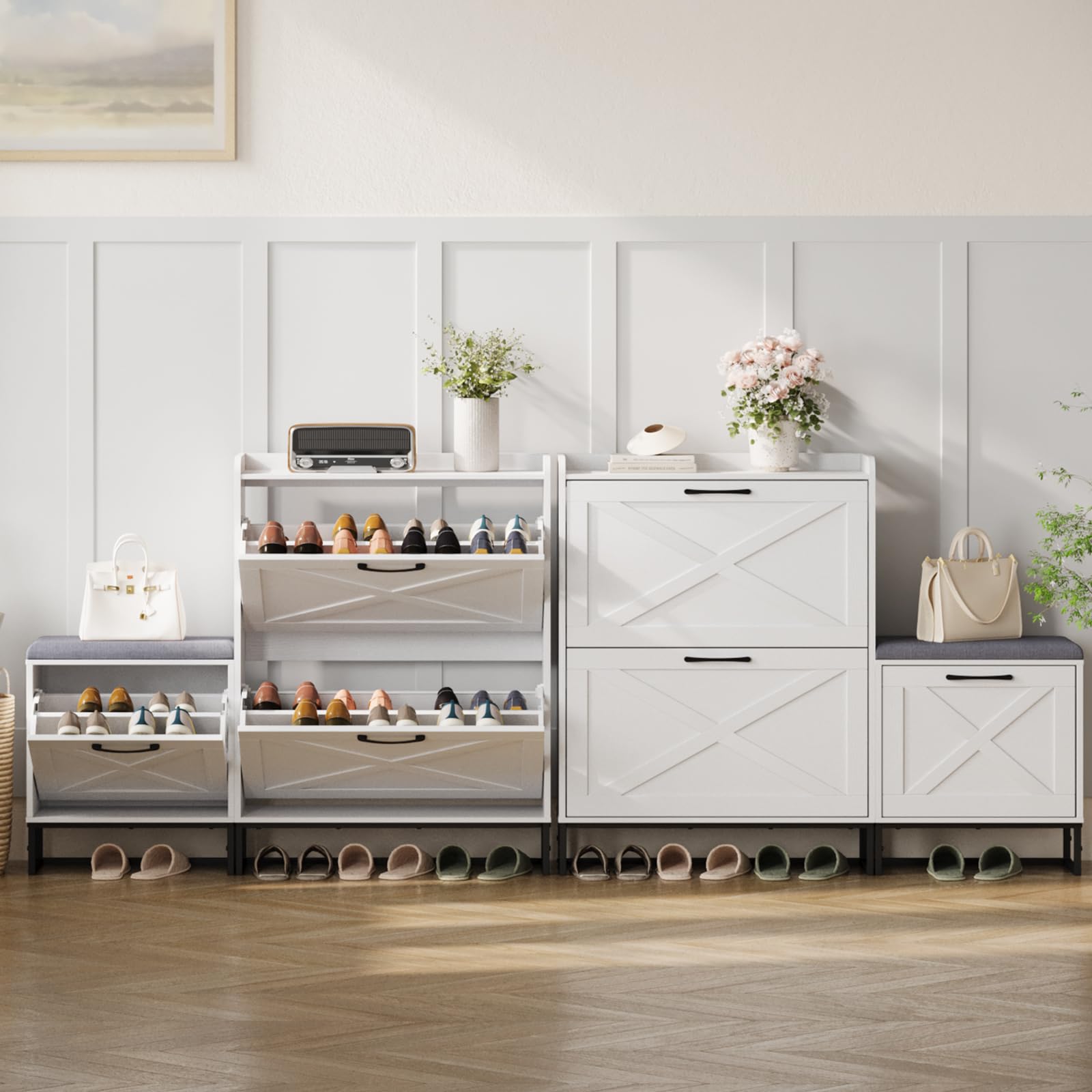 Maupvit 3-Tier Flip Shoe Storage Cabinet with Bench - Holds 20 Pairs of Shoes, Space-Saving Entryway Organizer for Hallway, Living Room & Small Spaces - White (Perfect for Apartments, Dorm Rooms & Closets)