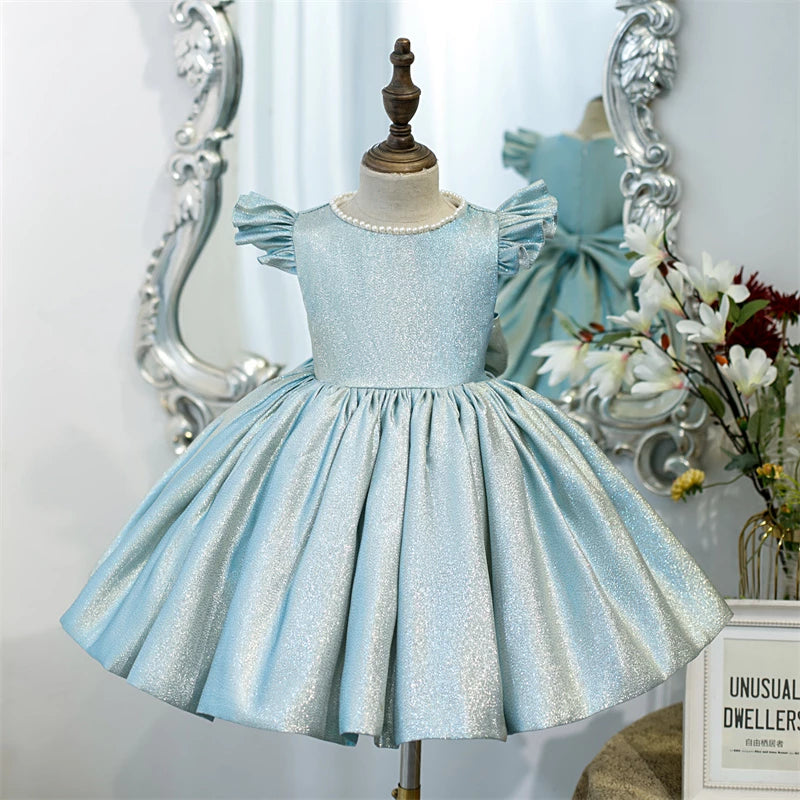 Blue Princess Jewel Neck Tea-Length Satin Flower Girl Dress for Weddings & Special Occasions | Elegant Formal Attire for Kids